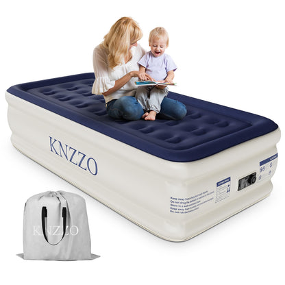KNZZO Air Mattress Twin with Built-in Pump, Blow Up Mattress with Soft Flocked Top, Leakproof Inflatable Mattress, Foldable Waterproof Air Bed for Home, Guests, Camping, with Storage Bag