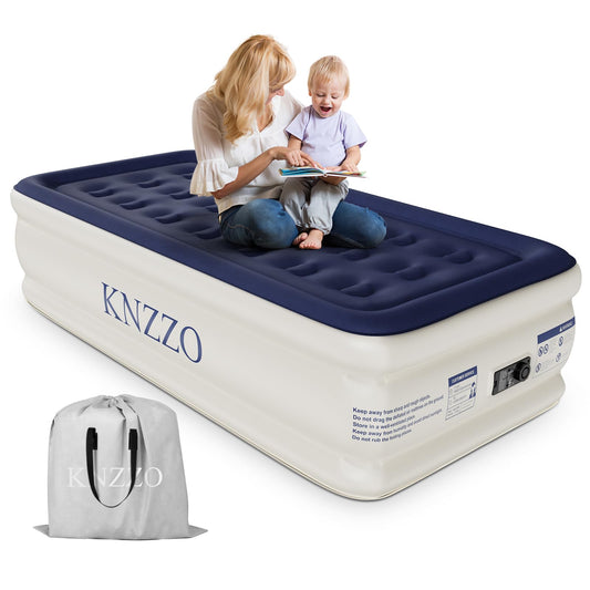 KNZZO Air Mattress Twin with Built-in Pump, Blow Up Mattress with Soft Flocked Top, Leakproof Inflatable Mattress, Foldable Waterproof Air Bed for Home, Guests, Camping, with Storage Bag