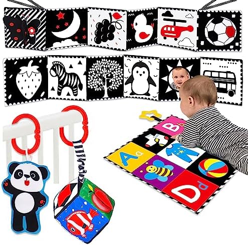 4 PCS Black and White High Contrast Baby Toys 0-3-6 Months Newborn Essential Montessori Toy for Babies Crinkle Sensory Book Brain Development Tummy Time Mirror Infant Carseat Rattle Easter Shower Gift
