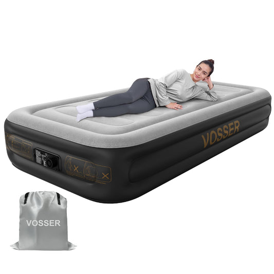 VOSSER Twin Air Mattress with Built in Pump,Inflatable Mattress 2 Mins Self-Inflation/Deflation,Thicker Blow up Mattress Leak-Proof,Flocked Top Air Bed with Storage Bag for Home, Camping & Guests