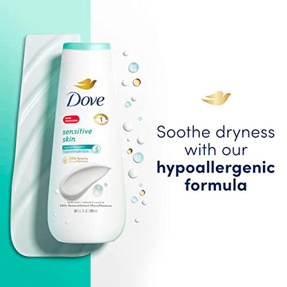 Dove Body Wash Sensitive Skin 4 Count Hypoallergenic, Paraben-Free, Sulfate-Free, Cruelty-Free, Moisturizing Skin Cleanser Effectively Washes Away Bacteria While Nourishing Skin 20 oz