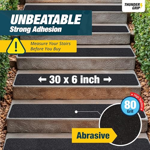 Outdoor Stair Treads Non Slip 30" x 6" - 12-Pack Weather Resistant Exterior Grip Tape for Wooden Steps - Non Slip Stair Treads - Anti Skid Strips - Waterproof 80-Grit Adhesive Treads by Thunder Grip