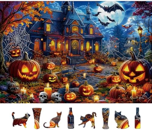 Halloween Jigsaw Puzzles 500 Pieces for Adults - Spooky Haunted House Puzzle with Jack-O-Lanterns, Bats & Full Moon - 500 Piece Puzzles for Adults, Families & Seniors - 23"x15"
