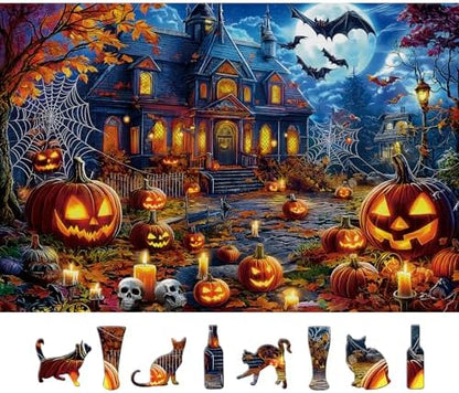 Halloween Jigsaw Puzzles 500 Pieces for Adults - Spooky Haunted House Puzzle with Jack-O-Lanterns, Bats & Full Moon - 500 Piece Puzzles for Adults, Families & Seniors - 23"x15"