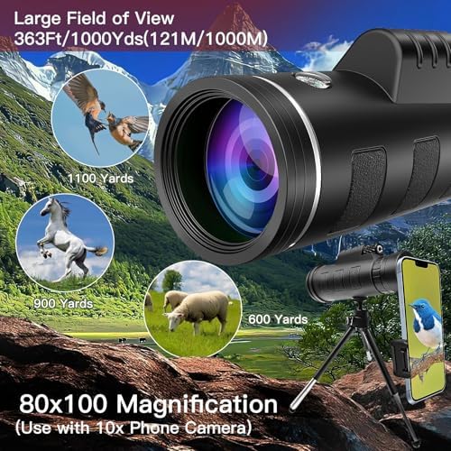 Monocular Telescope,80x100 HD High Powered Monoculars for Adults with Smartphone Adapter Tripod,Monocular for Hunting Wildlife Bird Watching Travel Camping Hiking,BAK4 Prism FMC Lens,Waterproof