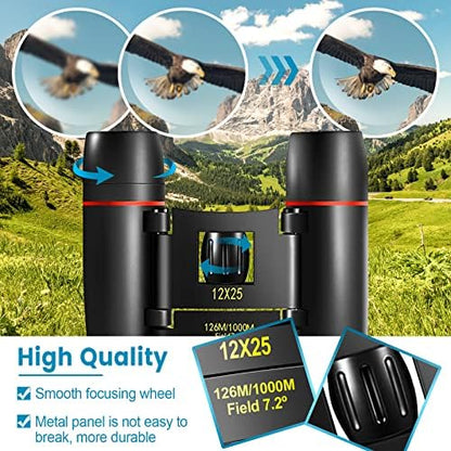 12X25 Mini Pocket Binoculars Compact, Small Lightweight Foldable for Adults Kids Bird Watching, Travel, Opera Concert, Hiking, Cruise, Football Game Green