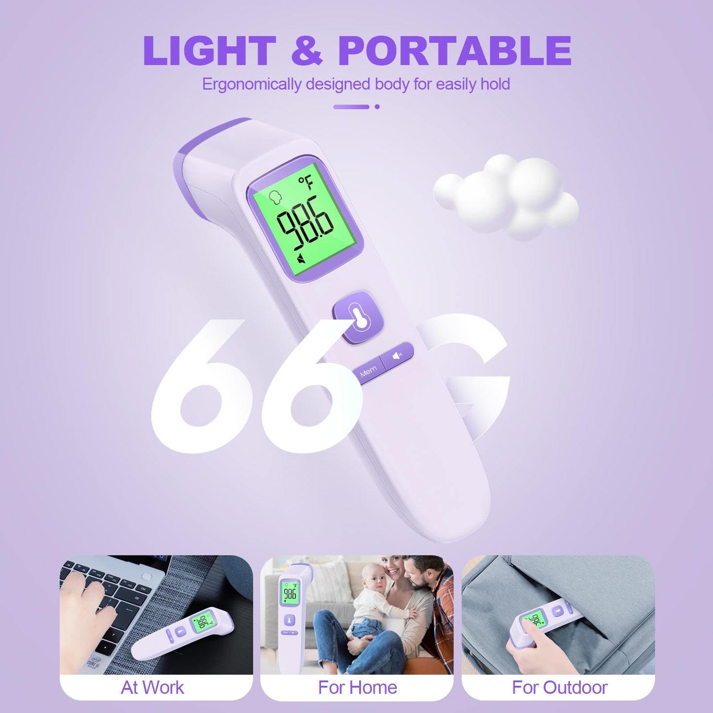 No-Touch Thermometer for Adults and Kids, Digital Accurate Baby Thermometer with Fever Alarm, 1 Second Fast Result, Easy to use, 2 in 1 Mode (Purple)
