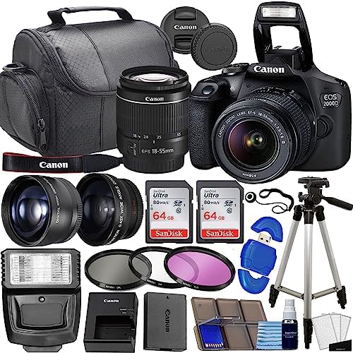 Canon EOS 2000D / Rebel T7 DSLR Camera w/EF-S 18-55mm f/3.5-5.6 Lens 3 Lens Kit: 128GB Memory + Wide Angle + Telephoto + Flash