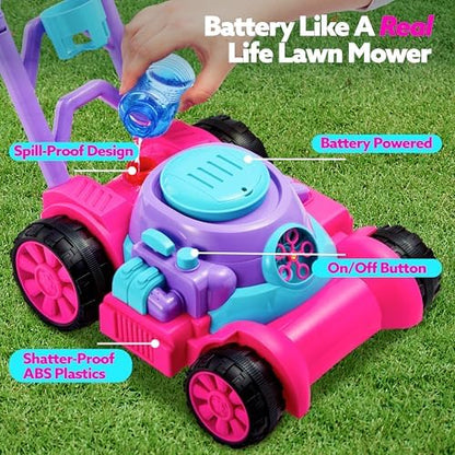 SLOOSH Bubble Lawn Mower Toddler Toys - Kids Bubble Machine Summer Outdoor Push Toy Games, Backyard Garden Outside Play Toddlers Preschool Boys Girls Birthday Gifts (Pink)