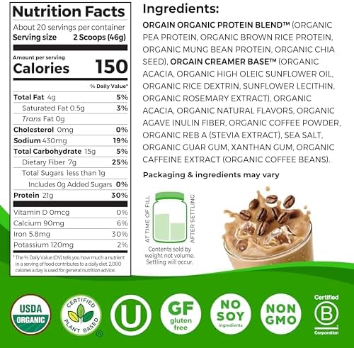 Orgain Organic Vegan Protein Powder, Iced Coffee - 21g Plant Protein, 60mg of Caffeine, Low Net Carb, No Lactose Ingredients, No Added Sugar, Non-GMO, For Shakes & Smoothies, 2.03 lb