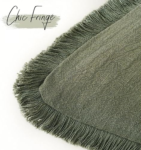 Foindtower Set of 2 Decorative Linen Fringe Throw Pillow Covers Cozy Boho Farmhouse Cushion Cover with Tassels Soft Accent Pillowcase for Couch Sofa Bed Living Room Home Decor,18×18 Inch,Olive Green