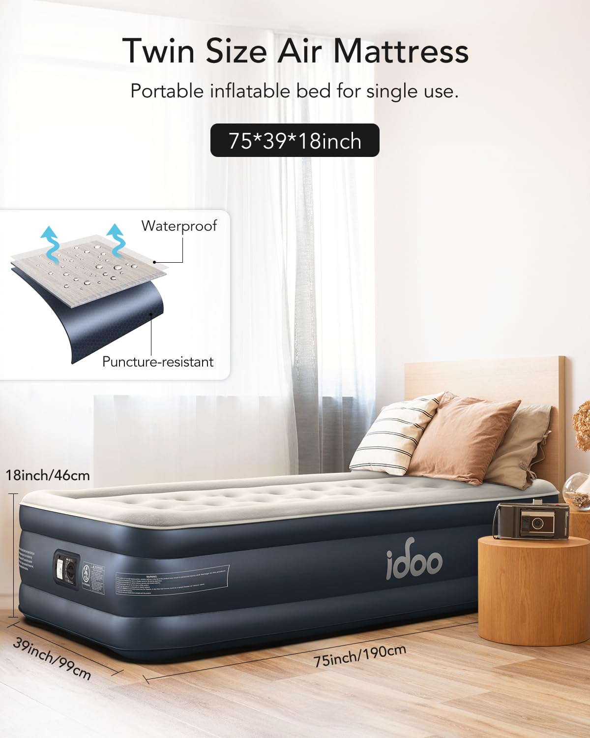 iDOO Twin Air Mattress with Built in Pump, 18" Raised Compact Blow up Mattress, Inflatable Mattress for Camping Guest Home, Portable Travel Air Bed, 2-Min Quick Inflation Deflation, Colchon inflable