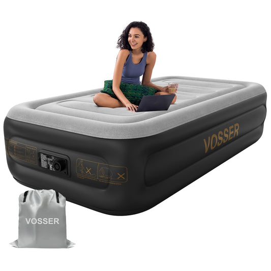 VOSSER Air Mattress Twin with Built in Pump,18''Blow up Mattress 2 Mins Self-Inflation/Deflation,Thicker Inflatable Mattress Leak-Proof,Flocked Top Air Bed with Storage Bag for Home, Camping & Guests
