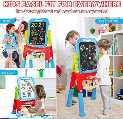 Easel for Kids,Rotatable Double Sided Adjustable Standing Art Easel with Painting Accessories for Toddlers Boys and Girls-Blue