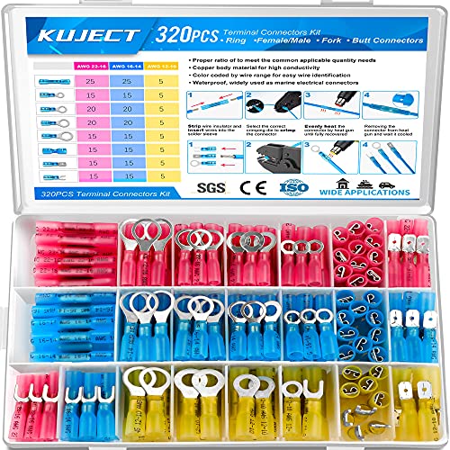 Kuject 320PCS Heat Shrink Wire Connectors Kit, Electrical Waterproof Crimp Butt Terminals, Insulated Spade Connectors for Automotive Marine Boat Truck, Include Rings Forks Spade Butt Splices