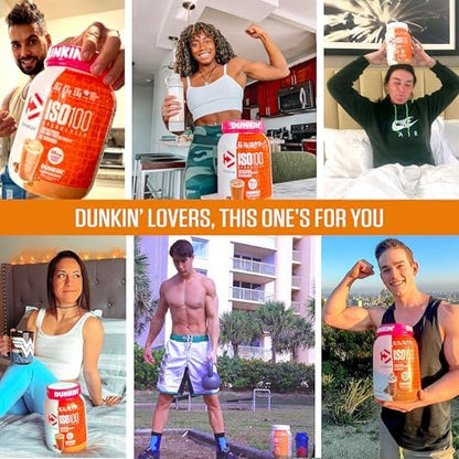 Dymatize x Dunkin' Cappuccino ISO100 Whey Protein Powder, 95mg Caffeine, 25g of Protein, 20 Servings, 5.5g BCAAs, 120 Cal., Gluten Free, 1g Fat, 1g Sugar, 2g Carb