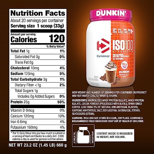 Dymatize x Dunkin' Mocha Latte ISO100 Whey Protein Powder, 95mg Caffeine, 25g of Protein, 20 Servings, 5.5g BCAAs, 120 Cal., Gluten Free, 1g Fat, 1g Sugar, 3g Carb