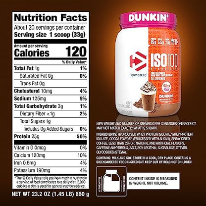 Dymatize x Dunkin' Mocha Latte ISO100 Whey Protein Powder, 95mg Caffeine, 25g of Protein, 20 Servings, 5.5g BCAAs, 120 Cal., Gluten Free, 1g Fat, 1g Sugar, 3g Carb