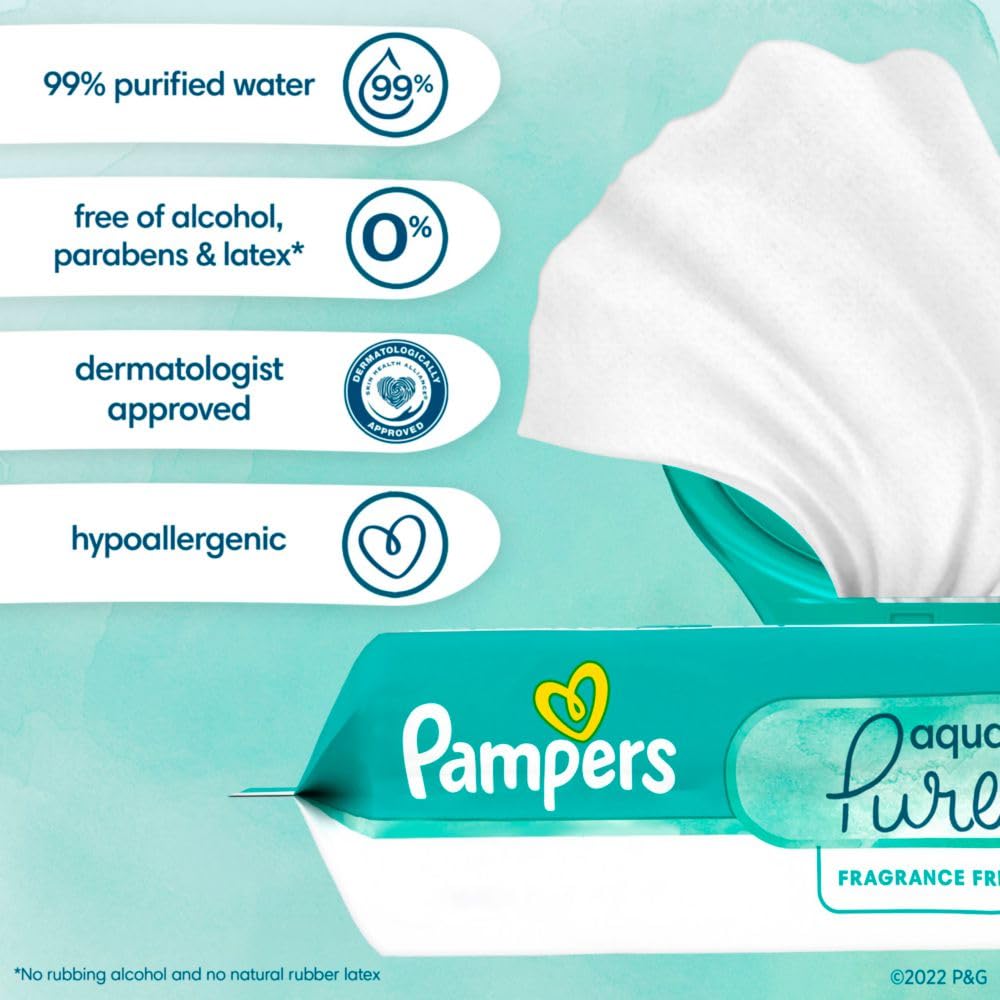Pampers Baby Wipes Aqua Pure, 99% Water Based Wipes, Hypoallergenic and Unscented Infant Wipe, 896 Total (16 Flip-Top Packs)