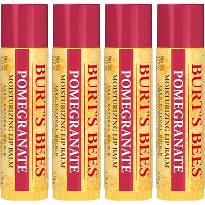 Burt's Bees Back to School Gift Ideas, Lip Balm - Pomegranate, Lip Moisturizer With Responsibly Sourced Beeswax, Tint-Free, Natural Origin Conditioning Treatment, 4 Tubes, 0.15 oz.