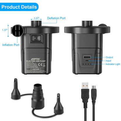 AGPTEK Rechargeable Air Pump, Electric Air Pump 4000mAh Battery Quick-Fill Inflator & Deflator with 3 Nozzles, Lightweight & Portable Perfect for Air Beds, Air Mattresses, Pool Toys & Inflatable