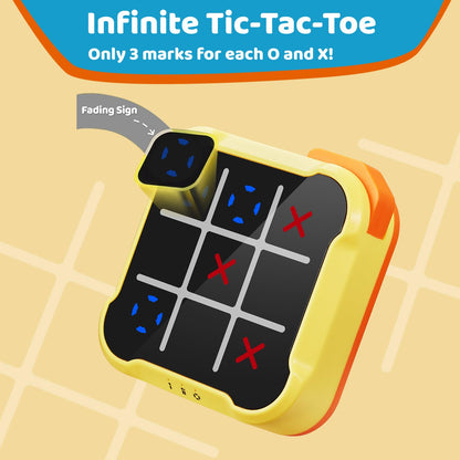 Handheld Electronic Tic Tac Toe Bolt Game, 4-in-1 Puzzle Game Console Brain and Memory Games - Ideal Birthday for Kids and Adults, Yellow