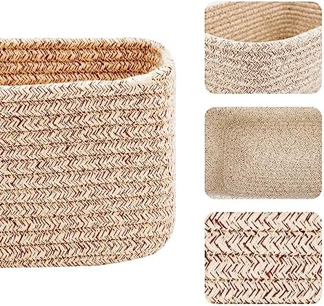 Small Storage Baskets for Organizing | Closet Organizer Bins | Shelf Toy Basket | Woven Rope Baskets | Cube Decorative Box | Shallow Basket | 11.5x7.5x4.7” | 3 Packs Mixed Brown