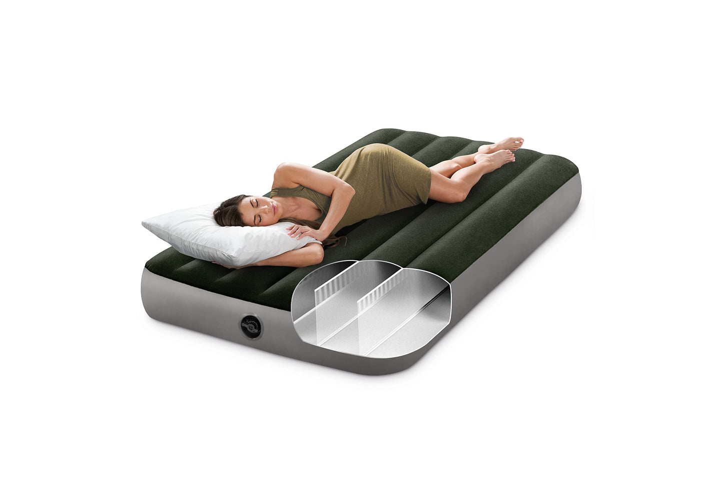 Intex 64777E Dura-Beam Standard Prestige Air Mattress: Fiber-Tech - Twin Size - Hand-Held Battery Pump - 10in Bed Height - 300lb Weight Capacity