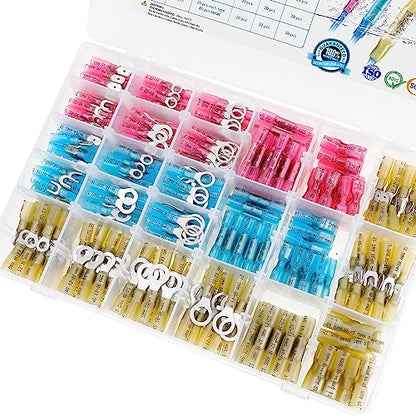 TICONN 500Pcs Heat Shrink Wire Connectors, Waterproof Automotive Marine Electrical Terminals Kit, Crimp Connector Assortment, Ring Fork Spade Butt Splices