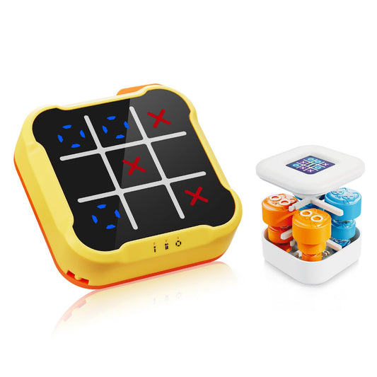 Handheld Electronic Tic Tac Toe Bolt Game, 4-in-1 Puzzle Game Console Brain and Memory Games - Ideal Birthday for Kids and Adults, Yellow