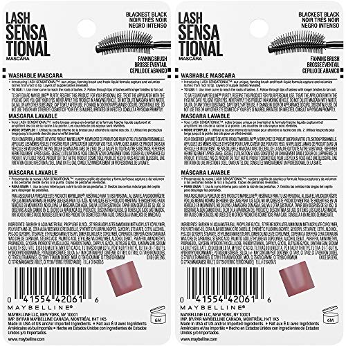 Maybelline Lash Sensational Washable Mascara, Lengthening and Volumizing for a Full Fan Effect, Blackest Black, 2 Count