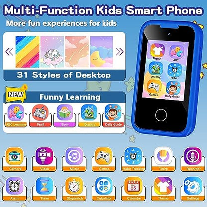 Kids Smart Phone for Boys, Christmas Birthday Gifts for Boy Girl Age 3-10 Kids Toys Cell Phone, 2.8" Touchscreen Toddler Learning Play Toy Phone with Dual Camera, Game, Music Player, 8GB Card Blue