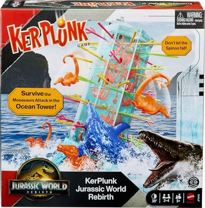 Mattel Games Kerplunk Jurassic World Rebirth Game for Kids & Family with Ocean Tower and Spinosaurus Figures Inspired by The Movie