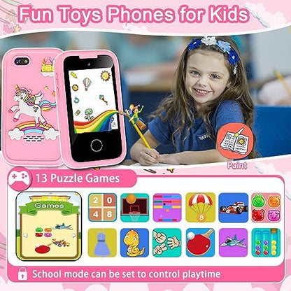 Kids Phone for Girls Toys, Gifts for 3 4 5 6 7 8 9 Year Old Girls Boys Christmas Birthday Kids Toys, Touchscreen Toddler Learning Cell Toy Phone with Dual Camera, Game, Music Player, 8GB Card Pink