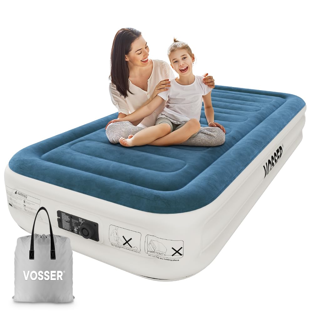 VOSSER Twin Air Mattress with Built-in Pump,Fast & Easy Inflation/Deflation Inflatable Mattress, Foldable Blow Up Mattress with Storage Bag, Inflatable Bed for Home, Camping & Guests