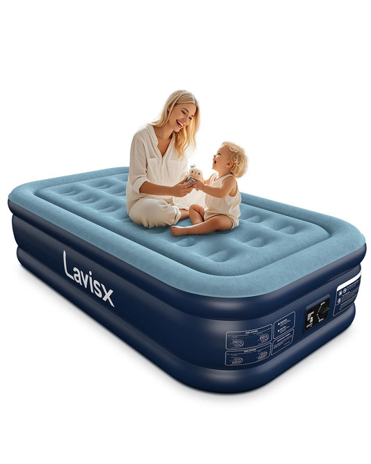 Lavisx Twin Air Mattress with Built in Pump 16" Blow Up Mattress Raised Air Bed, 3 Mins Quick Self Inflatable with Storage Bag for Guest and Home