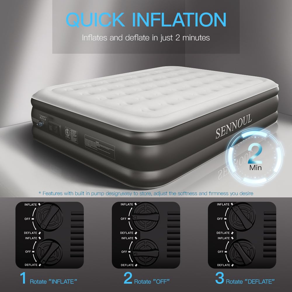 SENNOUL Air Mattress Queen with Built in Pump - Upgraded Blow Up Bed,2 Mins Quick Self Inflatable and Deflate, 18"/650lbs Max, Strong Support, Flocked Top, Puncture Resistant, for Camping,Home,Guests