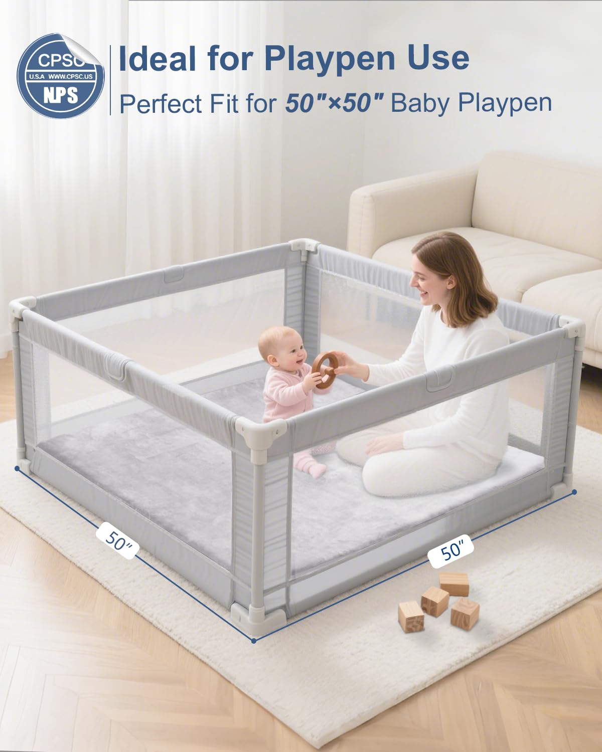 SEPARO Thick Baby Play Mat for Floor,50 x 50 Playpen Mat,Tummy Time Foam Mat,Ultra Soft Support & Plush Feel,Easy Care with Non-Slip Cushioned for Infant,Kids and Toddler Crawling,Grey