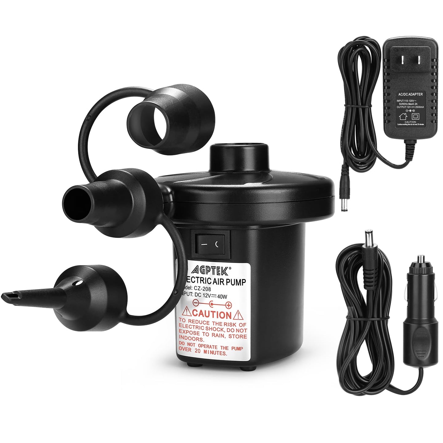 AGPTEK Electric Air Pump,Portable Air Pump with 3 Nozzles, 4.5kPa Quick-Fill,110V AC/12V DC Inflator/Deflator Pumps for Outdoor Camping, Inflatable Air Mattress Beds, Boats, Swimming Ring