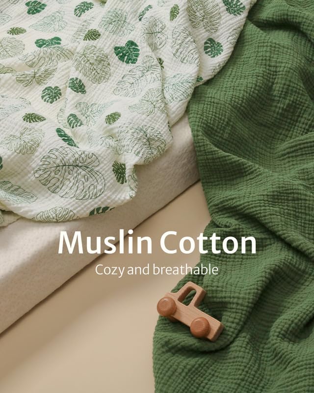Blissful Diary Muslin Crib Sheets for Girl Boy, Boho Neutral Soft Cotton Baby Sheet for 52''x28'' Standard Crib Mattress, 2 Pack(Monstera&Dark Green)
