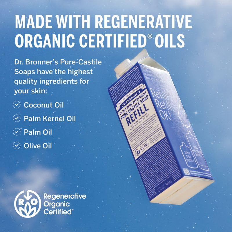 Dr. Bronner's Pure-Castile Liquid Magic Soap Bottle & Refill Carton - Made with Regenerative Organic Certified Oils- 18-in-1 Uses for Face, Body Wash, Hand Soap Refill- Peppermint, 32oz