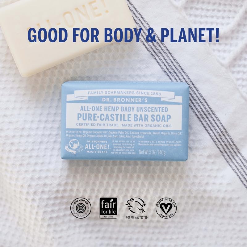 Dr. Bronner's Pure-Castile Magic Bar Soap (Baby Unscented, 5 oz, 6-Pack) - Made with Regenerative Organic Certified Oils, For Face, Body & Hair, Gentle for Sensitive Skin - Vegan, Non-GMO