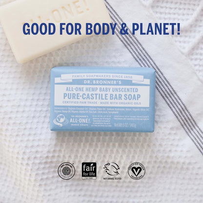 Dr. Bronner's Pure-Castile Magic Bar Soap (Baby Unscented, 5 oz, 6-Pack) - Made with Regenerative Organic Certified Oils, For Face, Body & Hair, Gentle for Sensitive Skin - Vegan, Non-GMO