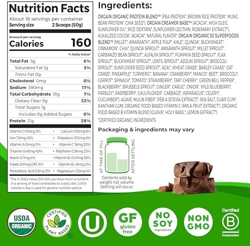 Orgain Organic Vegan Protein Powder + 50 Superfoods, Creamy Chocolate Fudge - 21g Plant Based Protein, Gluten Free, Dairy Free, Lactose Free, Soy Free, No Sugar Added, Kosher, B Vitamins - 2.02lb