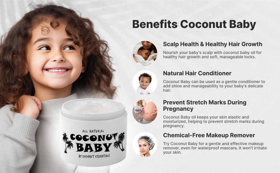 Coconut Essentials Coconut Baby Oil - Natural & Organic Moisturizer, Hair Oil for Cradle Cap Treatment, Newborn Sensitive Skin, Eczema & Psoriasis Relief, Unscented, Sunflower & GrapeSeed 4 floz