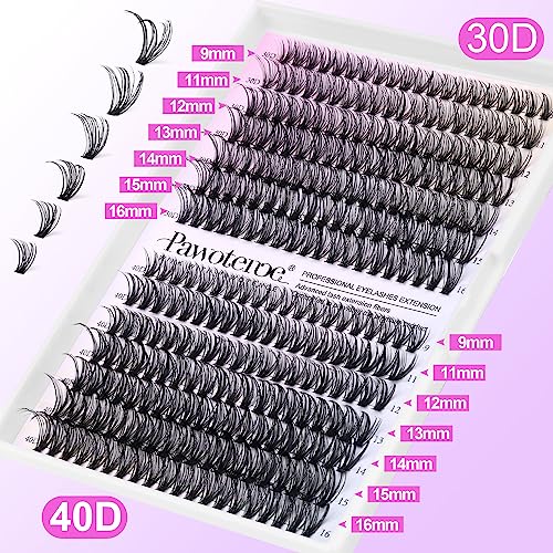 Pawotence Lash Extension Kit DIY 280pcs Individual Lash Clusters Kit 30D 40D Cluster Eyelash Extensions Kit with Lash Bond and Seal, Lash Remover, Lash Tweezers for Self Use (30D&40D, 9-16mm, All Kit)