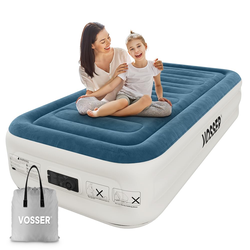 VOSSER Twin Air Mattress with Built-in Pump,Fast & Easy Inflation/Deflation Inflatable Mattress, Foldable Blow Up Mattress with Storage Bag, Inflatable Bed for Home, Camping & Guests