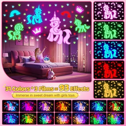 Unicorn Night Light for Girls, Unicorn Room Decor for Girls Bedroom, Star Projector, Remote+Dimmable Little Mermaid Toys, 360° Silent Rotation, Princess Night Light