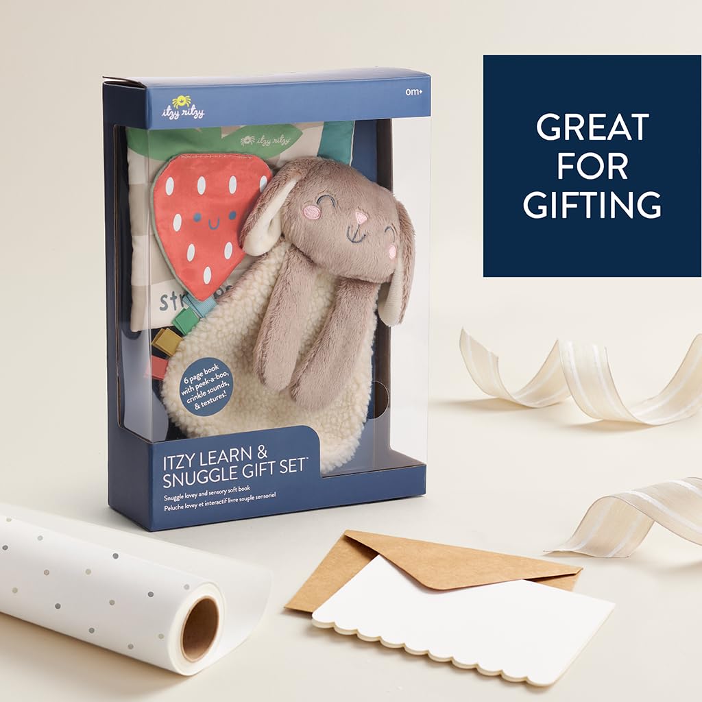 Itzy Ritzy Bunny Lovey & Crinkle Book Gift Set - Learn & Snuggle Gift Set Includes Soft Sherpa Bunny Lovey & Soft Book with Flap, Textures & Crinkle Sounds (Bunny)