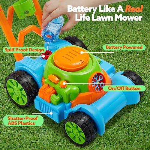 SLOOSH Bubble Lawn Mower Toddler Toys - Pretend Play Bubble Blower Machine Gardening Toy Leak-Proof for Indoor Outdoor Use, Push Toys Preschool Baby Boys Kids Halloween Birthday Gifts (Blue)